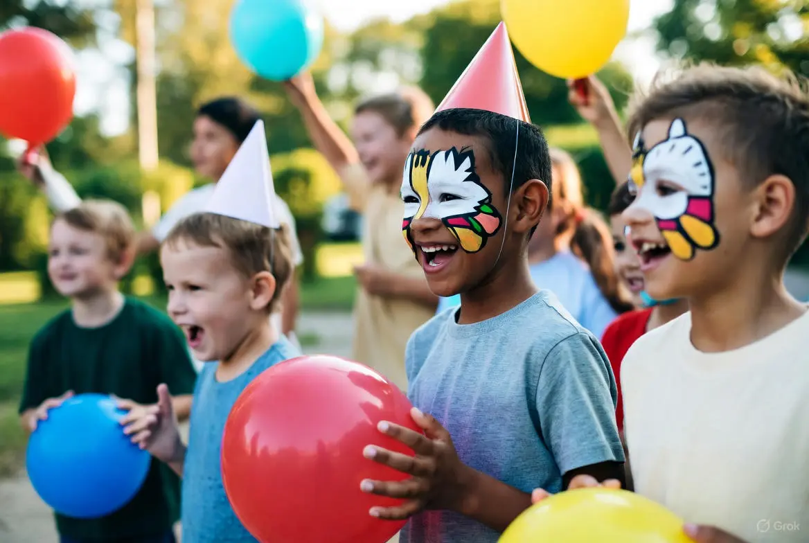 Happy kids with face paint and balloons
